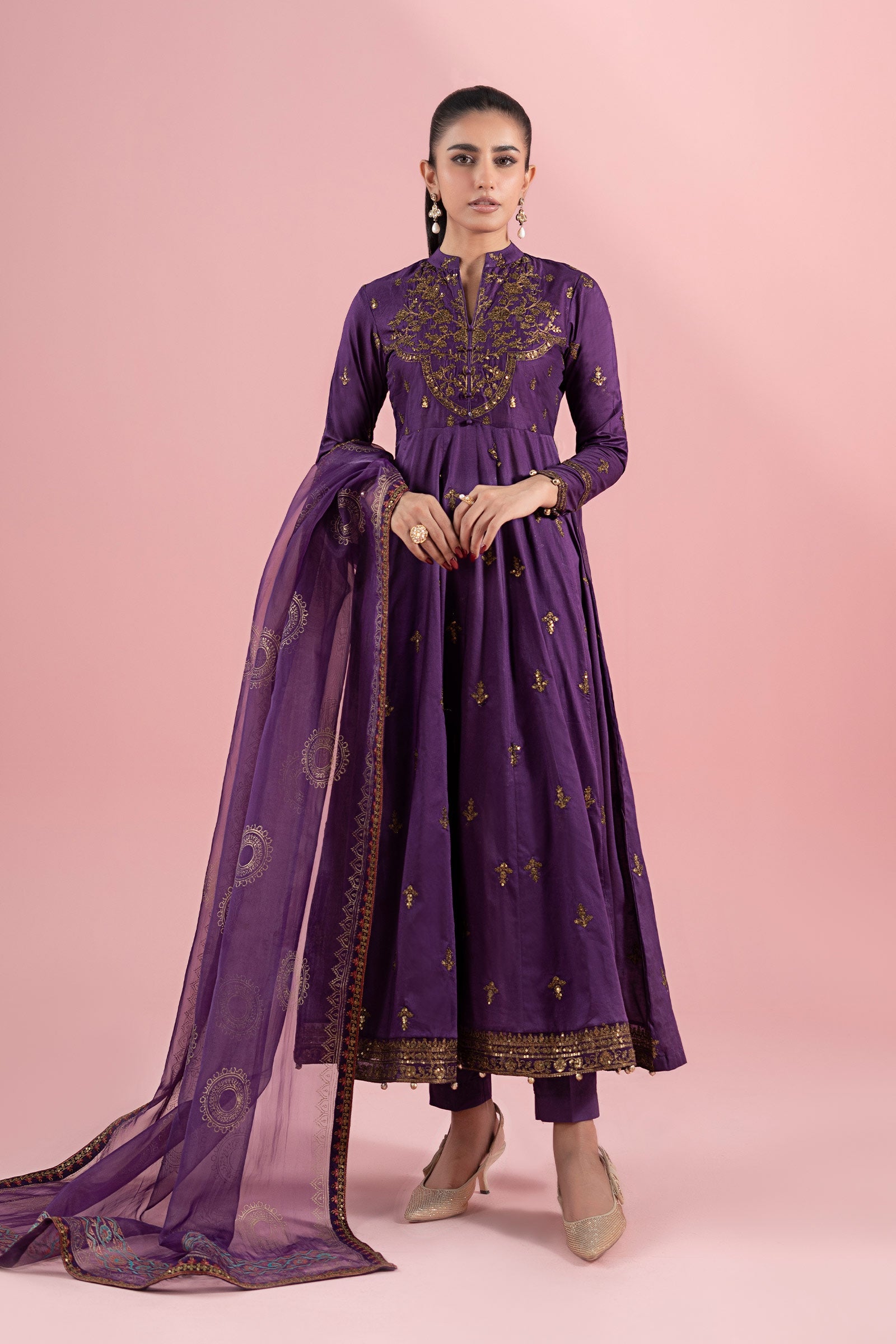 Purple Tilla Embroidered Lawn Anarkali Dress (3-Piece) - Image 1