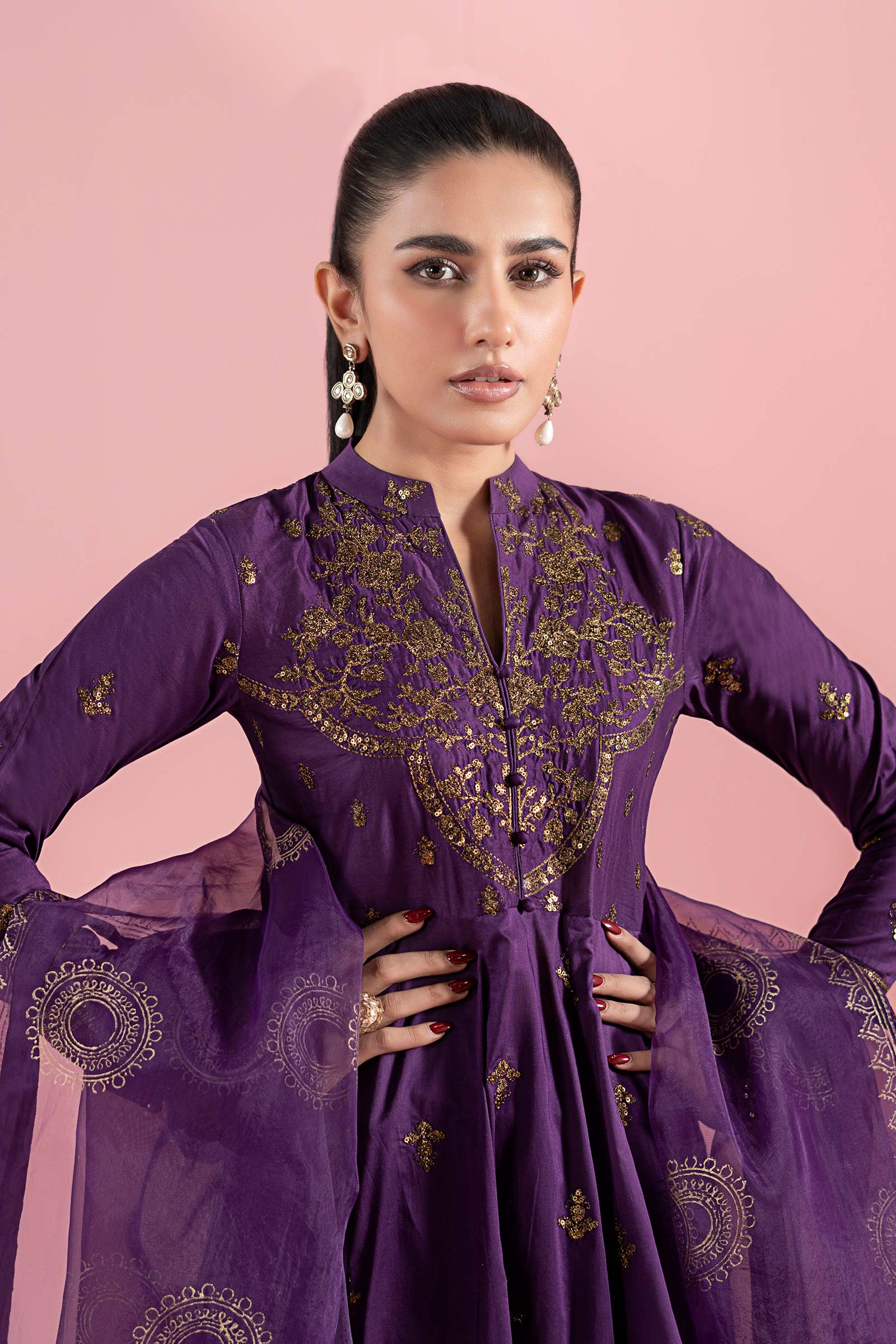 Purple Tilla Embroidered Lawn Anarkali Dress (3-Piece) - Image 2