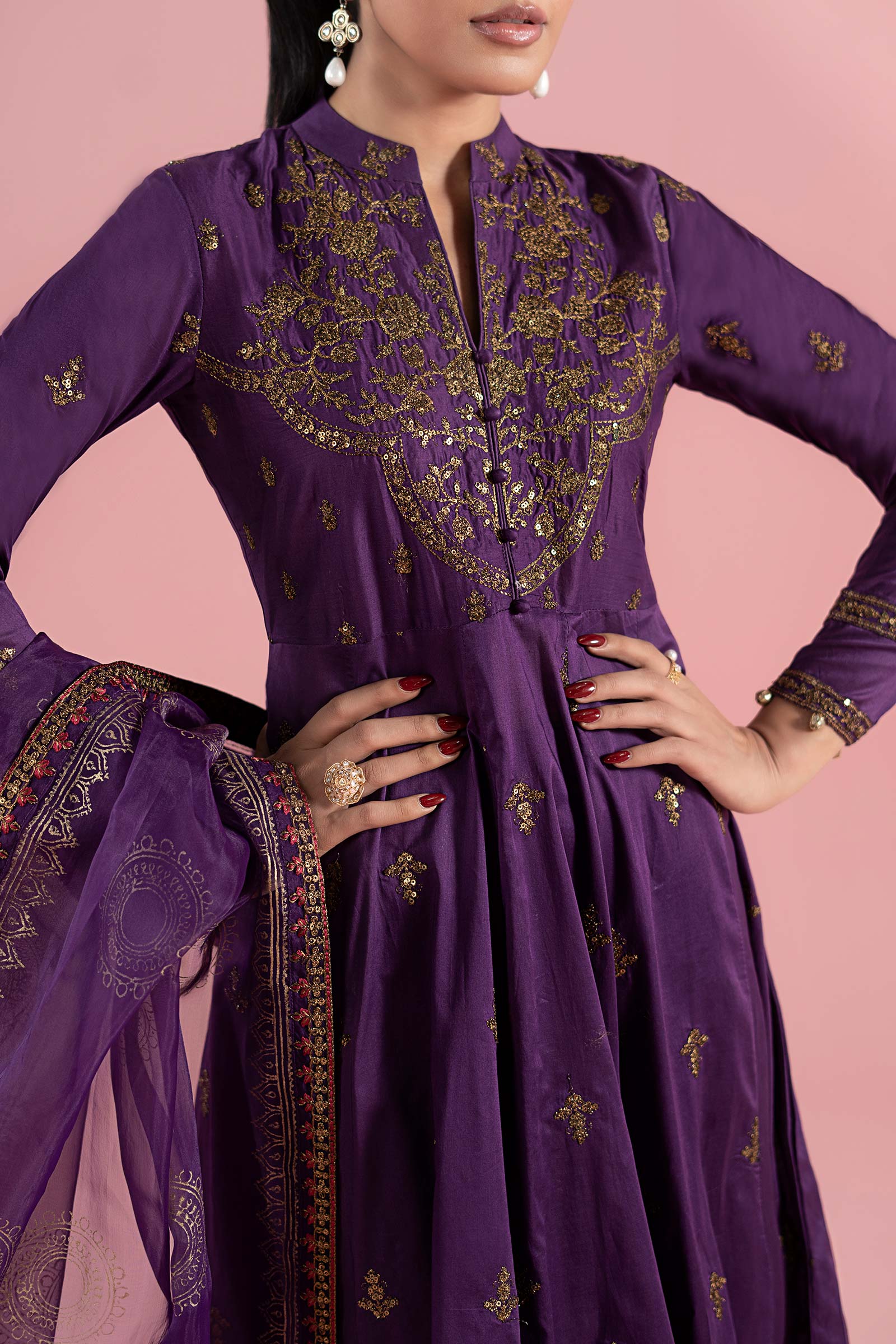 Purple Tilla Embroidered Lawn Anarkali Dress (3-Piece) - Image 3