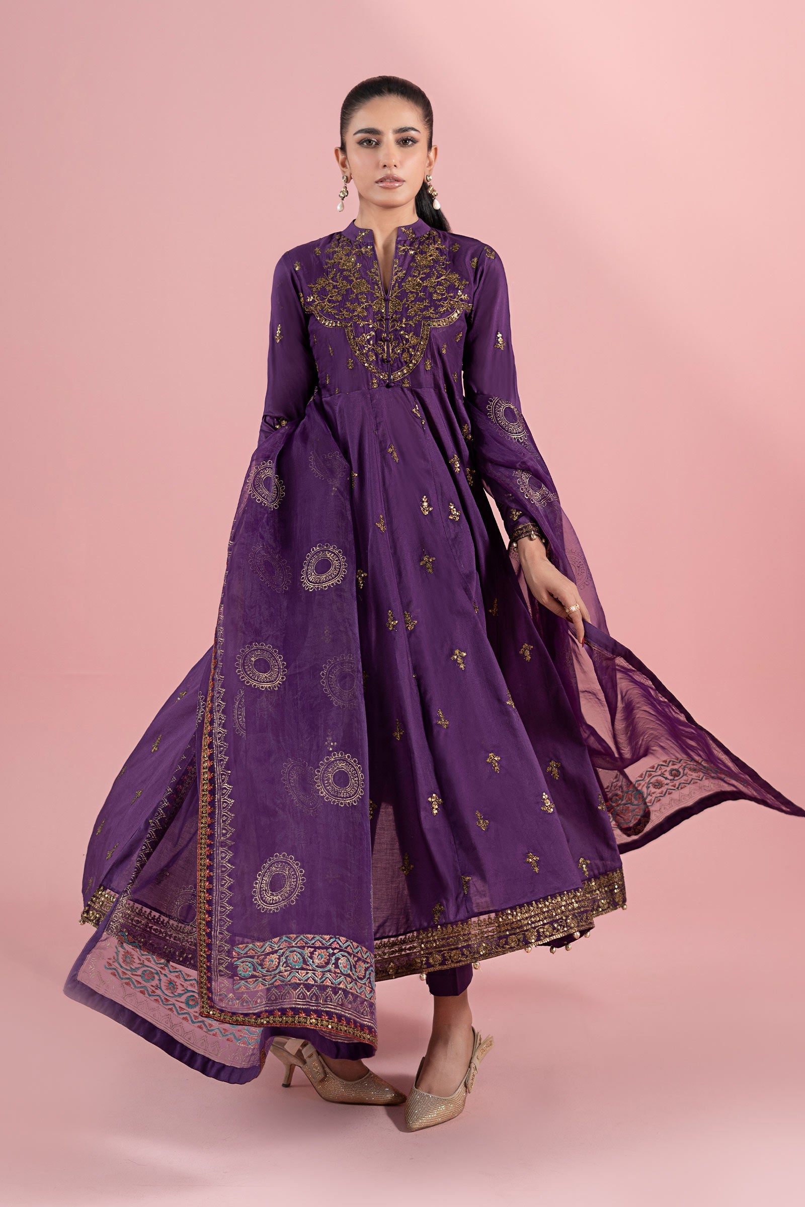 Purple Tilla Embroidered Lawn Anarkali Dress (3-Piece) - Image 6