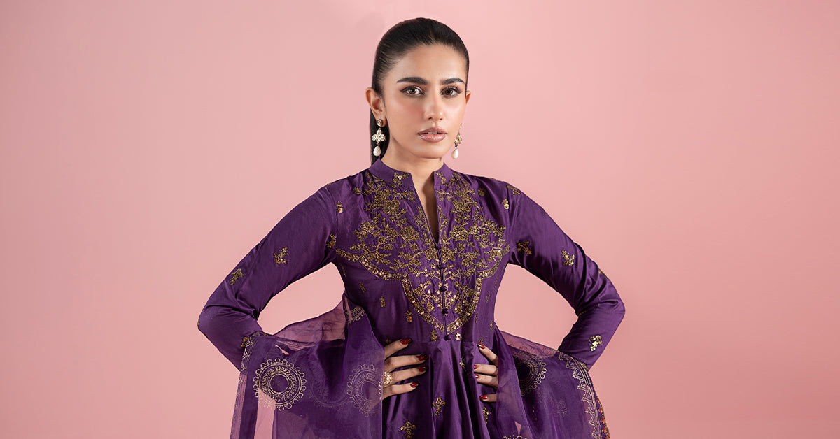 Purple Tilla Embroidered Lawn Anarkali Dress (3-Piece) - Image 9