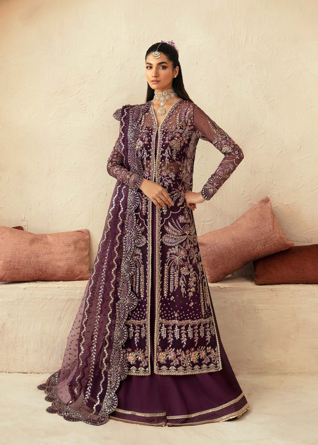 Pakistani Deep Plum Hand-Embellished Organza Anarkali Dress (3-Piece) - Image 1
