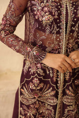 Pakistani Deep Plum Hand-Embellished Organza Anarkali Dress (3-Piece) - Image 4
