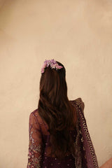 Pakistani Deep Plum Hand-Embellished Organza Anarkali Dress (3-Piece) - Image 6