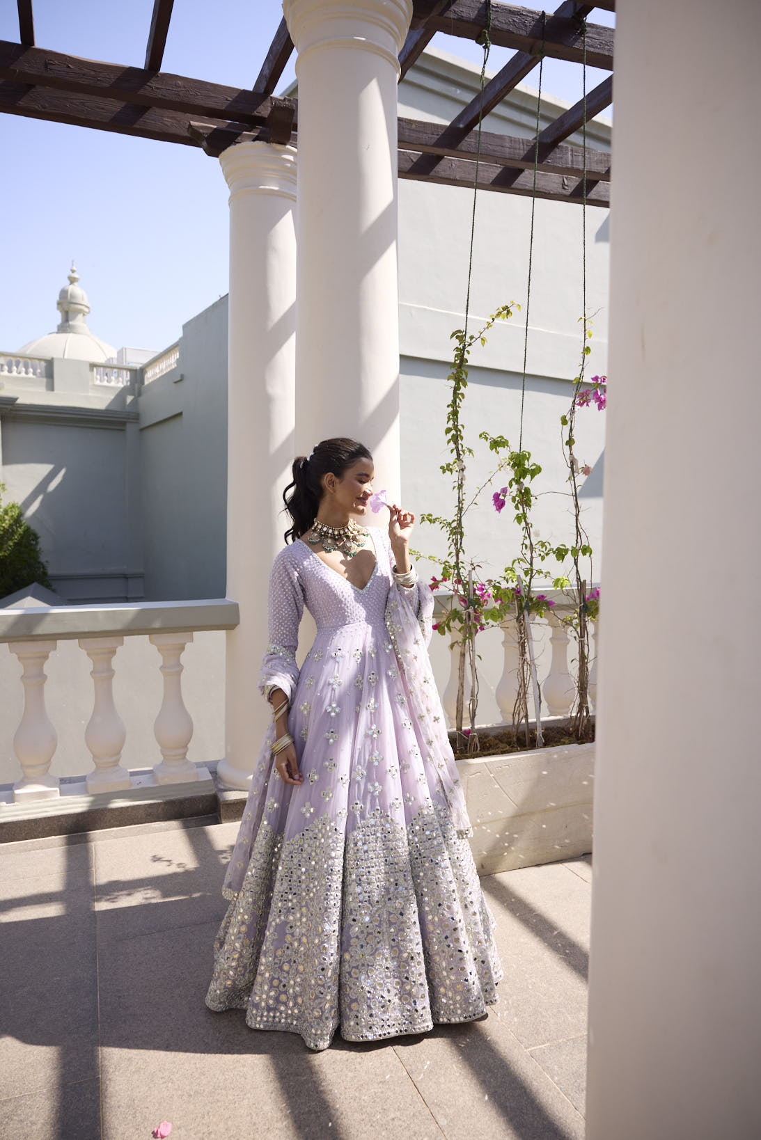 Lilac Mirror Embroidered Net Anarkali Dress (2-Piece) - Image 2