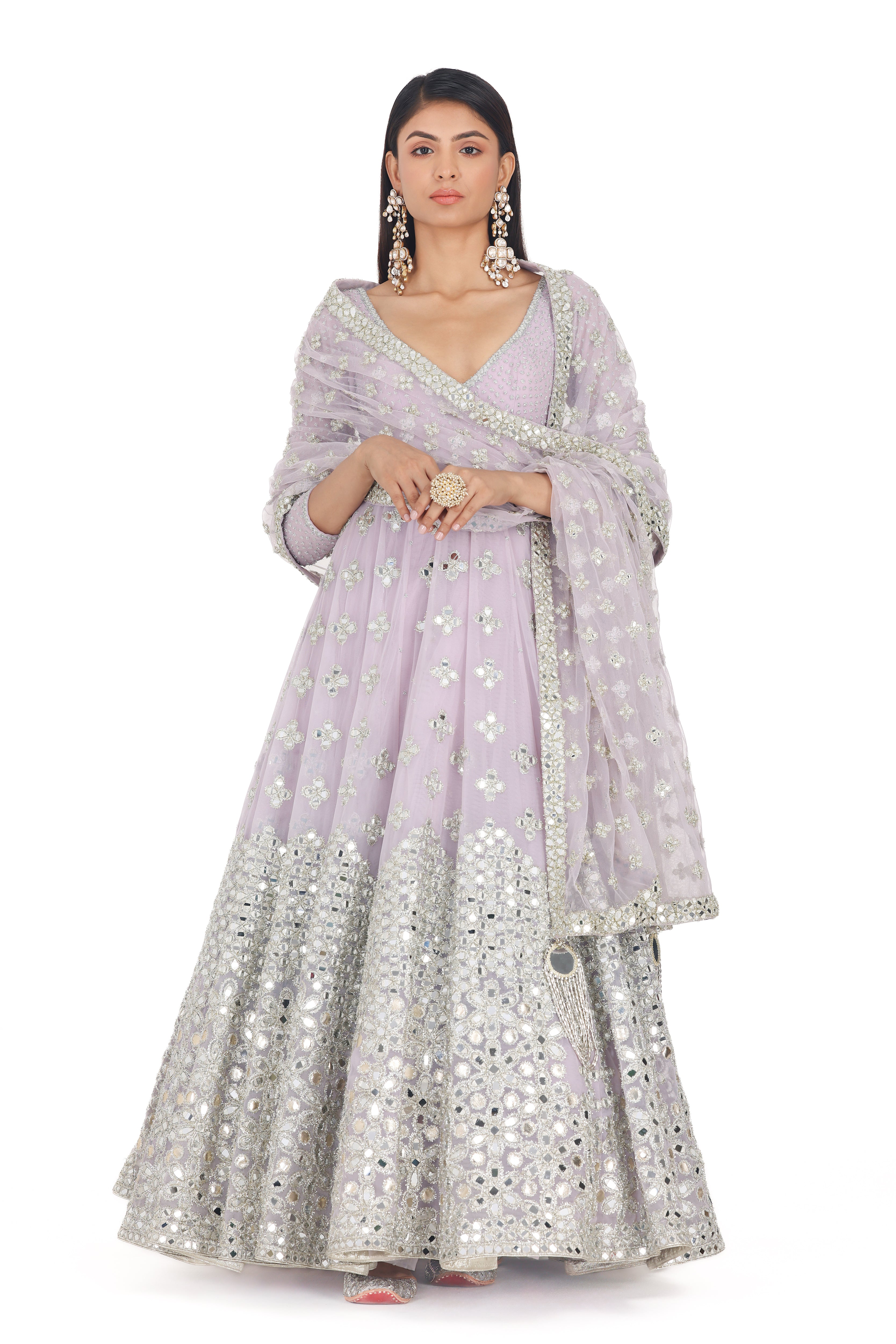 Lilac Mirror Embroidered Net Anarkali Dress (2-Piece) - Image 5