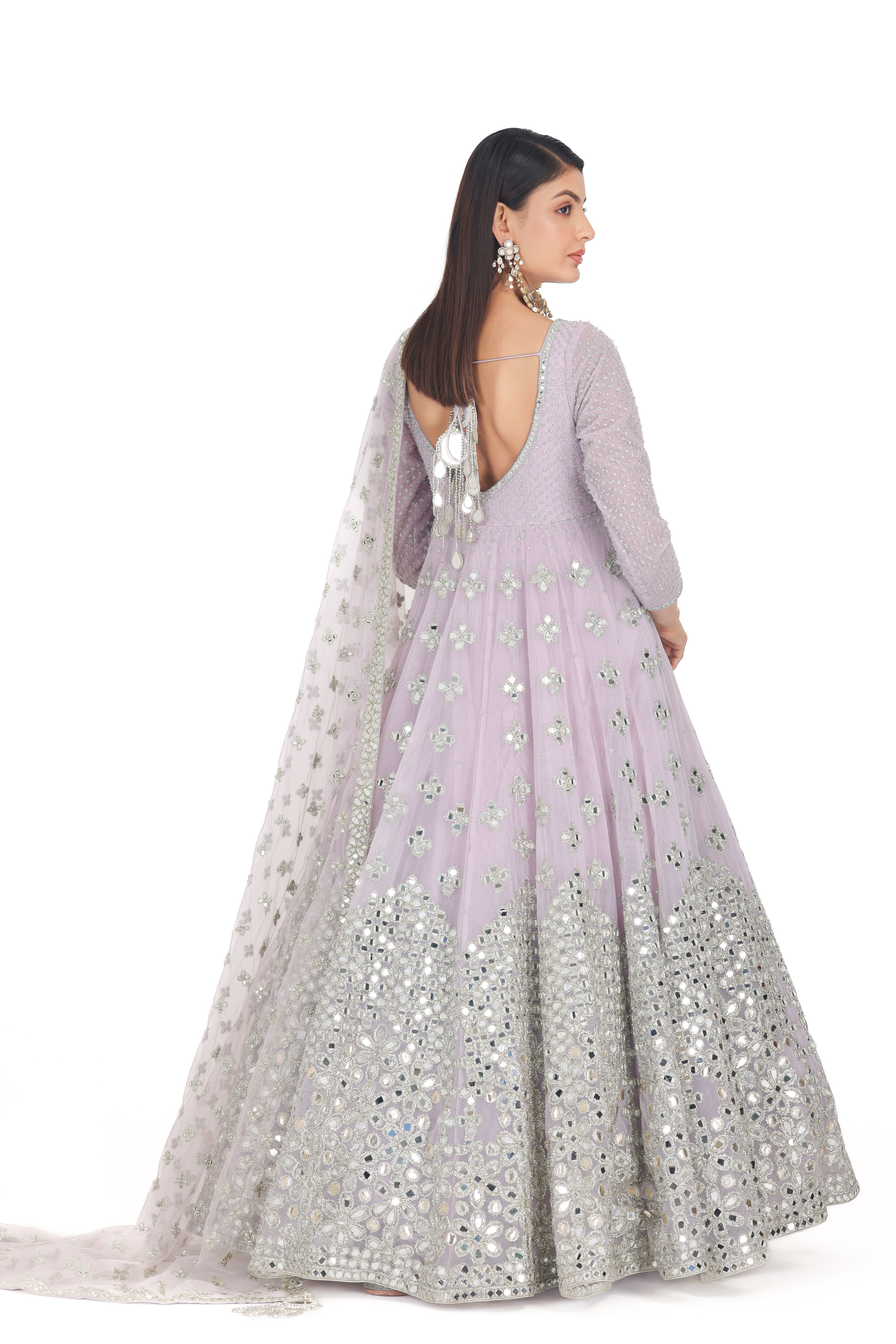 Lilac Mirror Embroidered Net Anarkali Dress (2-Piece) - Image 6