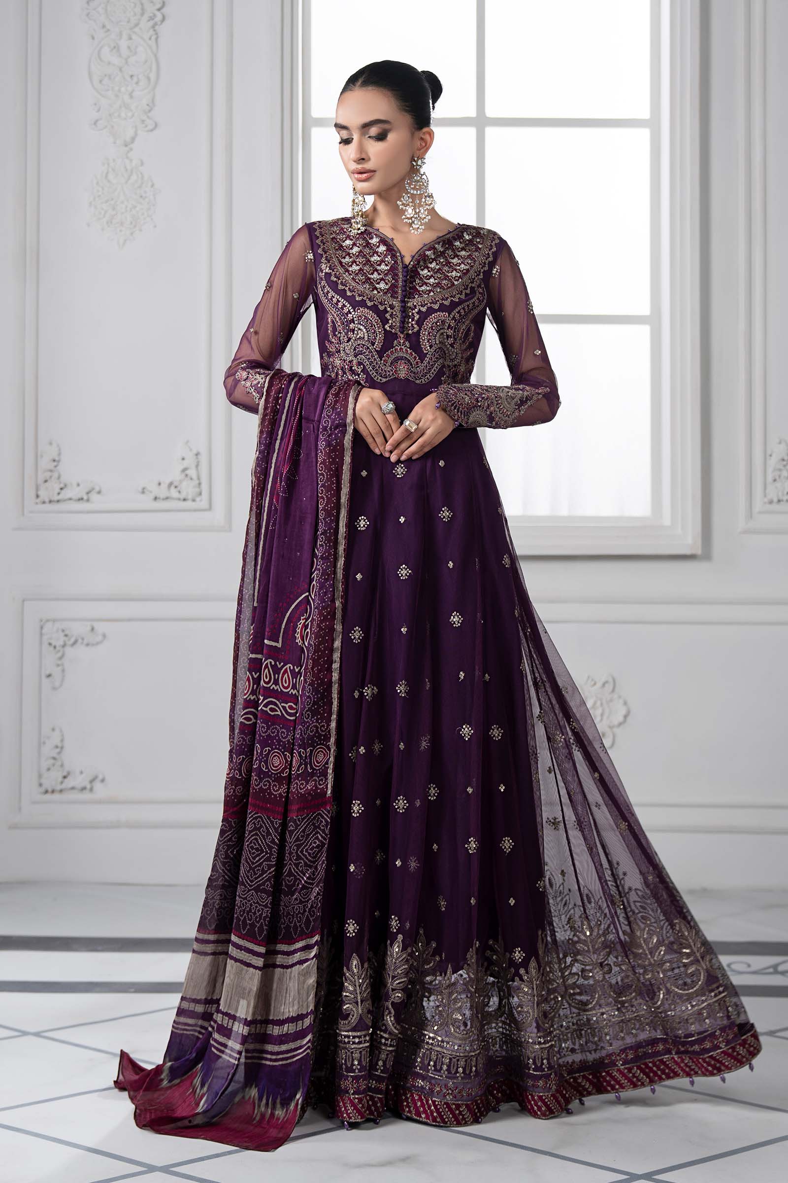Plum Embroidered Net Anarkali Dress (3-Piece) - Image 1