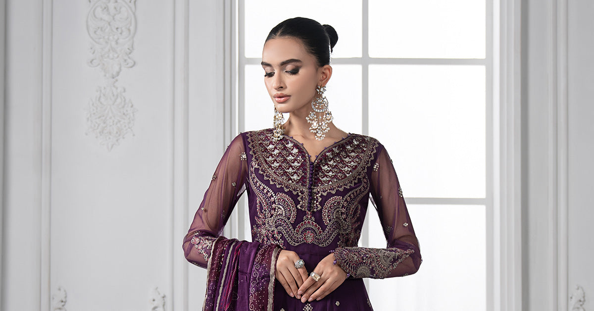 Plum Embroidered Net Anarkali Dress (3-Piece) - Image 10