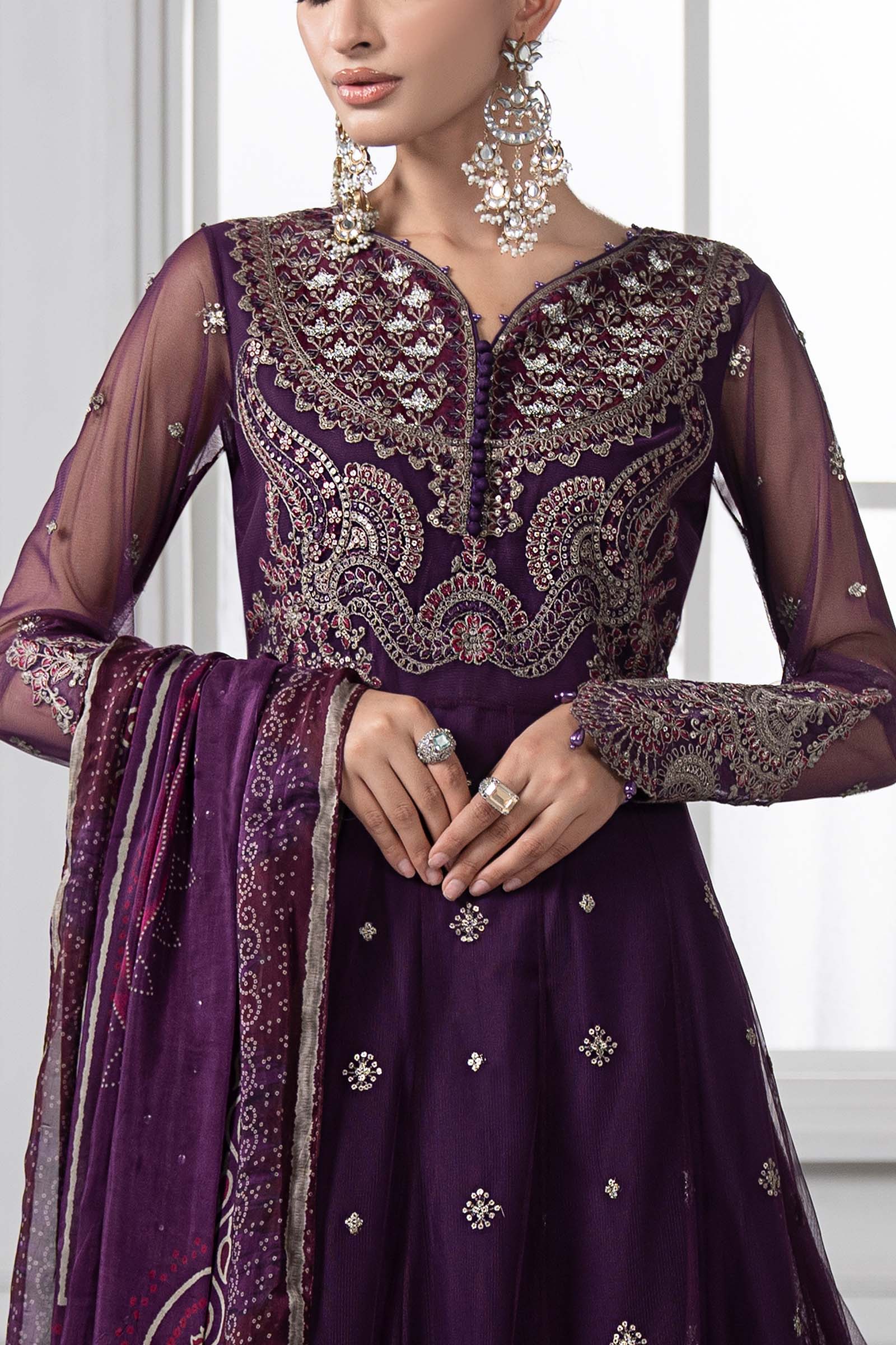 Plum Embroidered Net Anarkali Dress (3-Piece) - Image 4