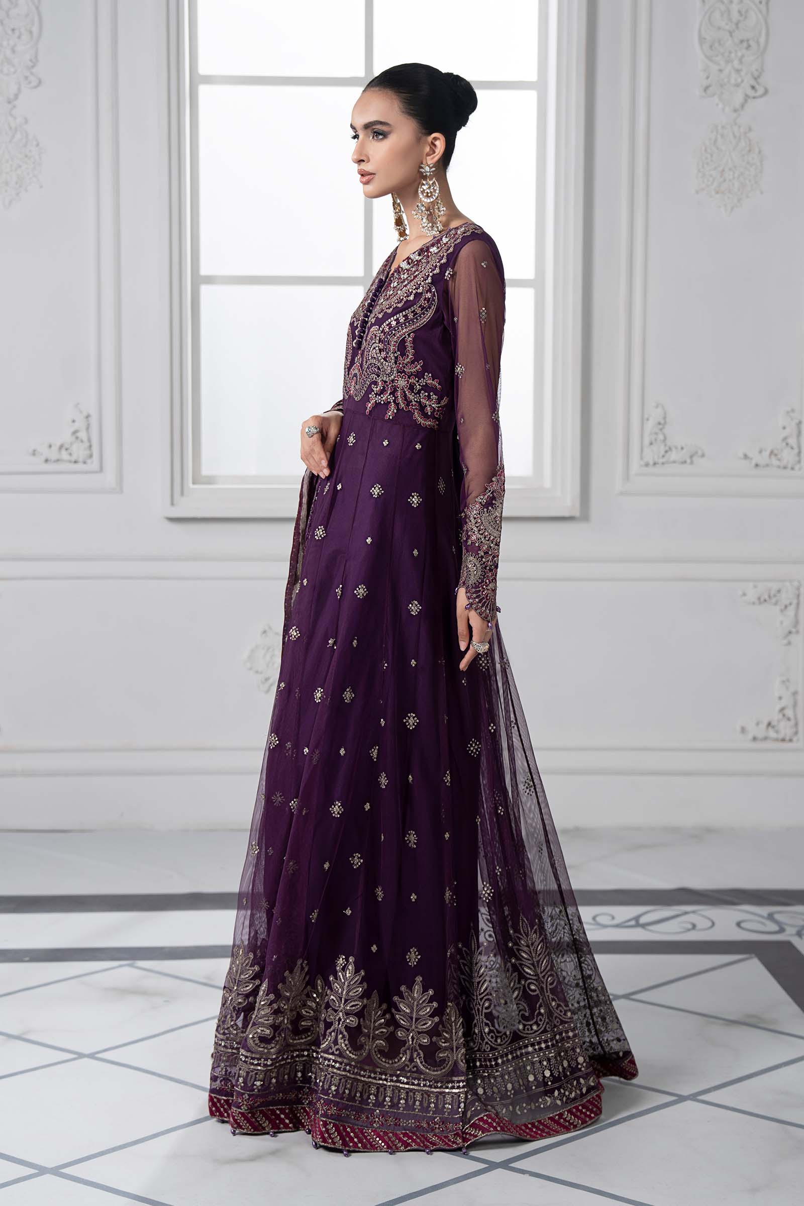 Plum Embroidered Net Anarkali Dress (3-Piece) - Image 7