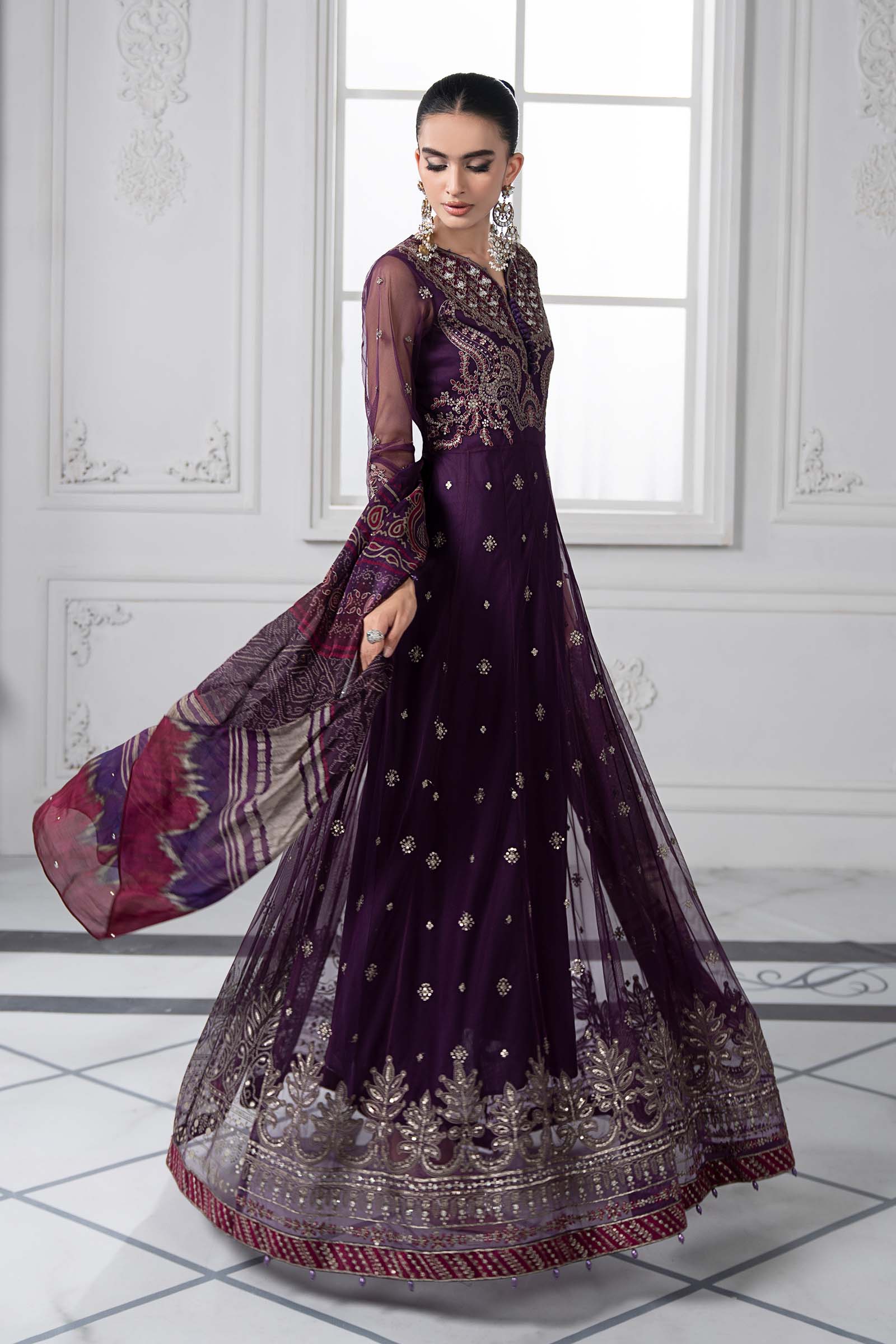Plum Embroidered Net Anarkali Dress (3-Piece) - Image 8