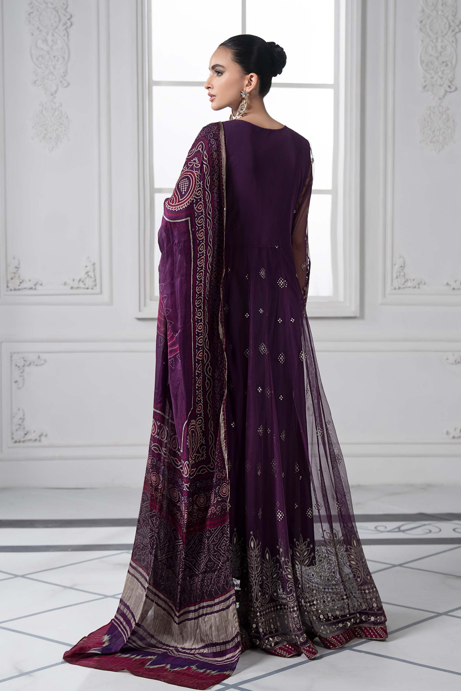 Plum Embroidered Net Anarkali Dress (3-Piece) - Image 9