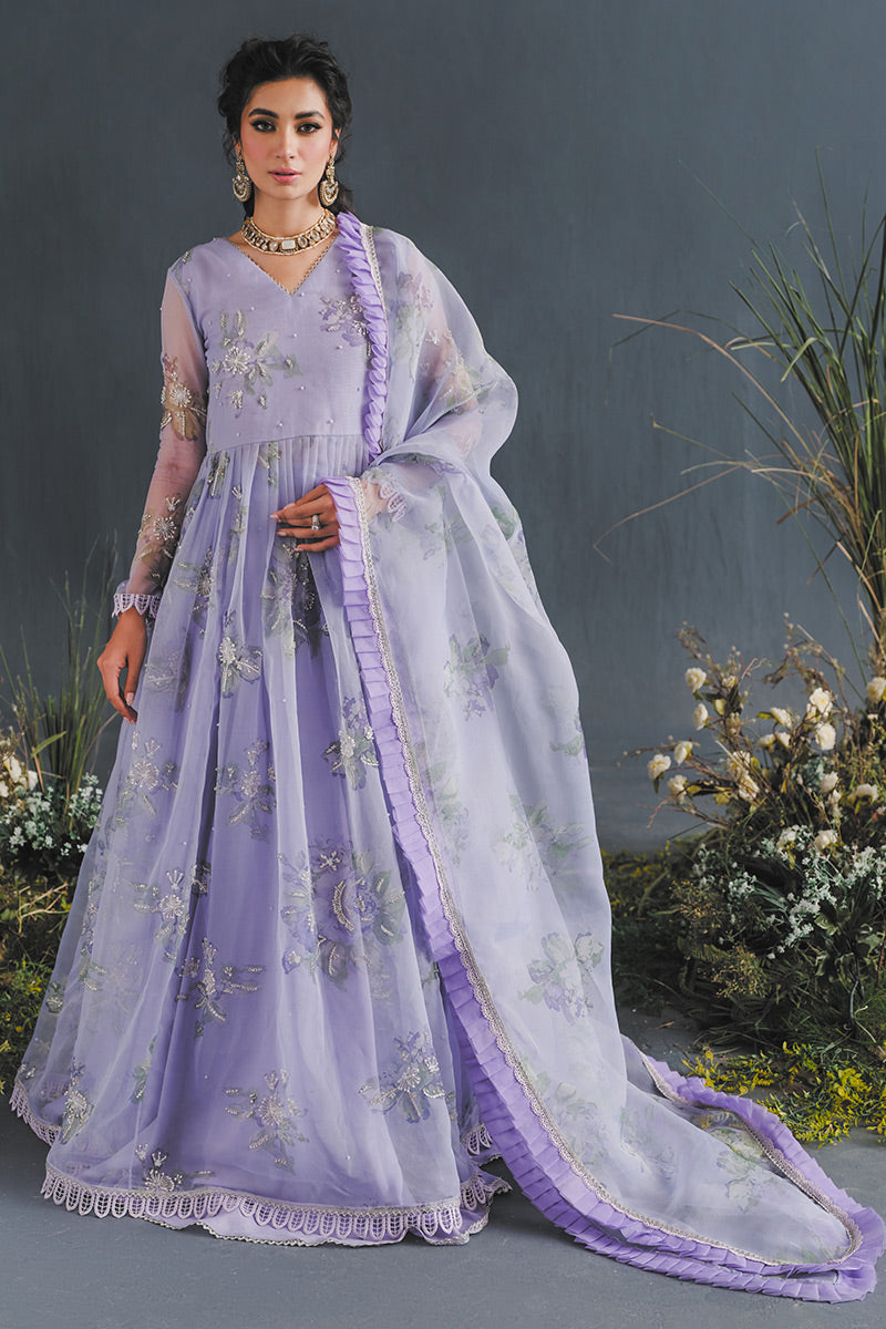 Pakistani Lilac Floral Embellished Organza Anarkali Dress (2-Piece) - Image 1