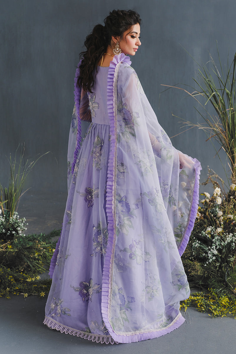 Pakistani Lilac Floral Embellished Organza Anarkali Dress (2-Piece) - Image 2