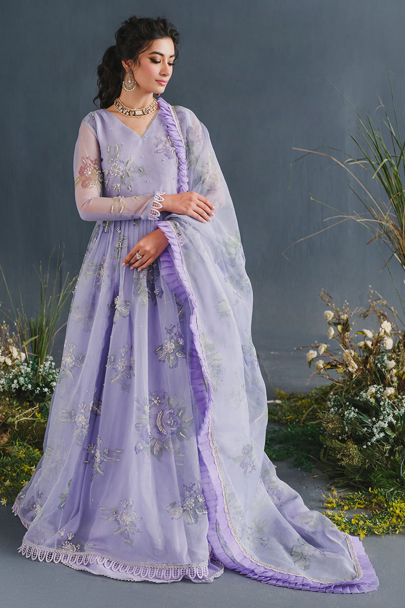 Pakistani Lilac Floral Embellished Organza Anarkali Dress (2-Piece) - Image 3
