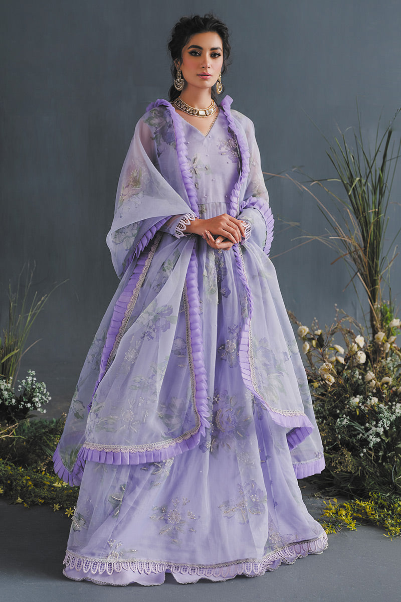 Pakistani Lilac Floral Embellished Organza Anarkali Dress (2-Piece) - Image 4