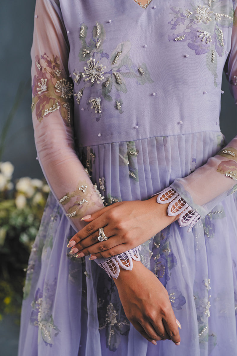 Pakistani Lilac Floral Embellished Organza Anarkali Dress (2-Piece) - Image 6