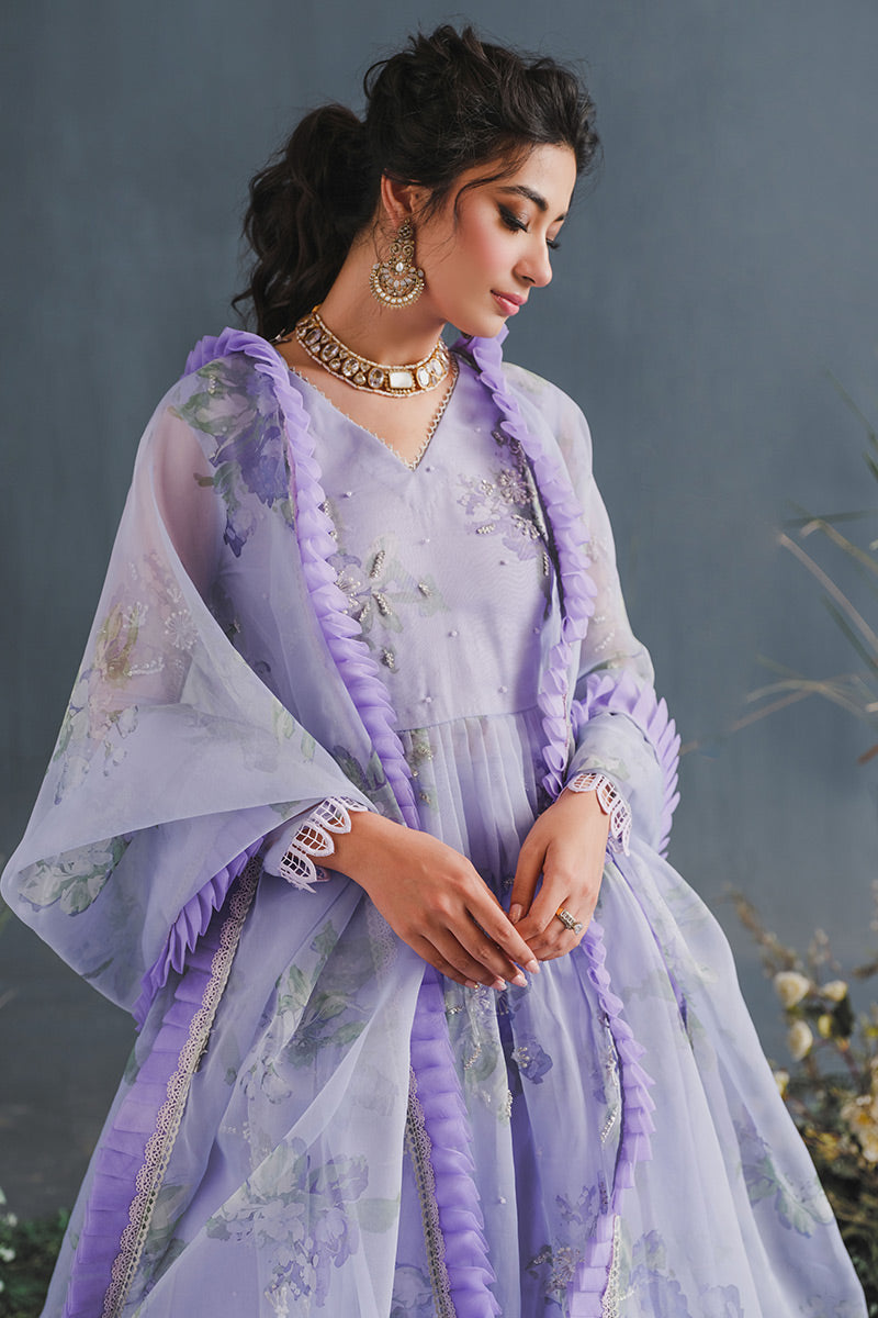 Pakistani Lilac Floral Embellished Organza Anarkali Dress (2-Piece) - Image 7