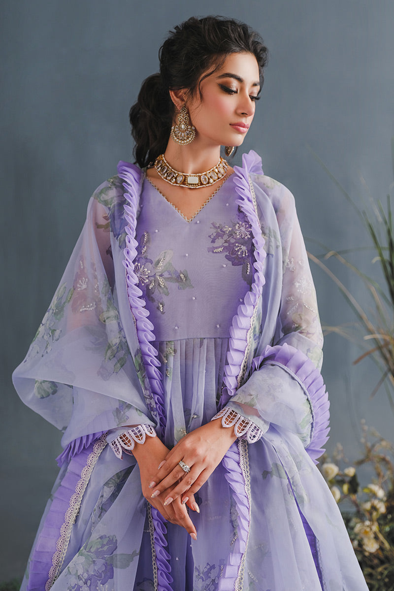 Pakistani Lilac Floral Embellished Organza Anarkali Dress (2-Piece) - Image 8