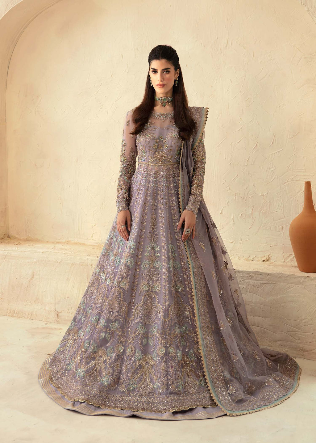 Pakistani Lavender Hand-Embellished Organza Anarkali Dress (2-Piece) - Image 1