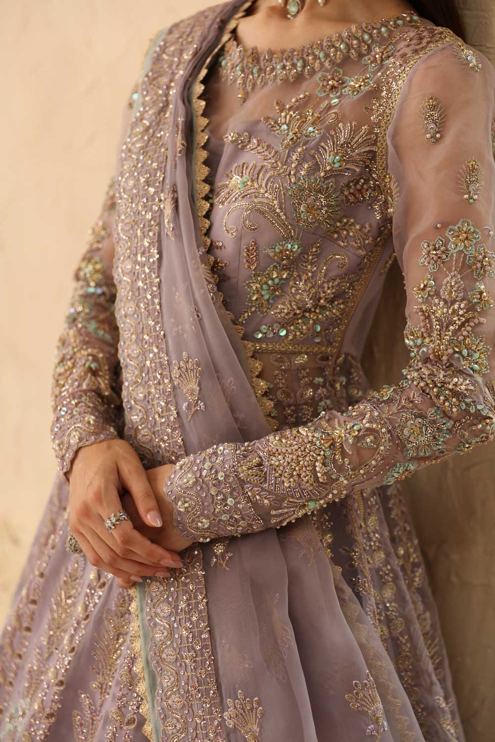 Pakistani Lavender Hand-Embellished Organza Anarkali Dress (2-Piece) - Image 10