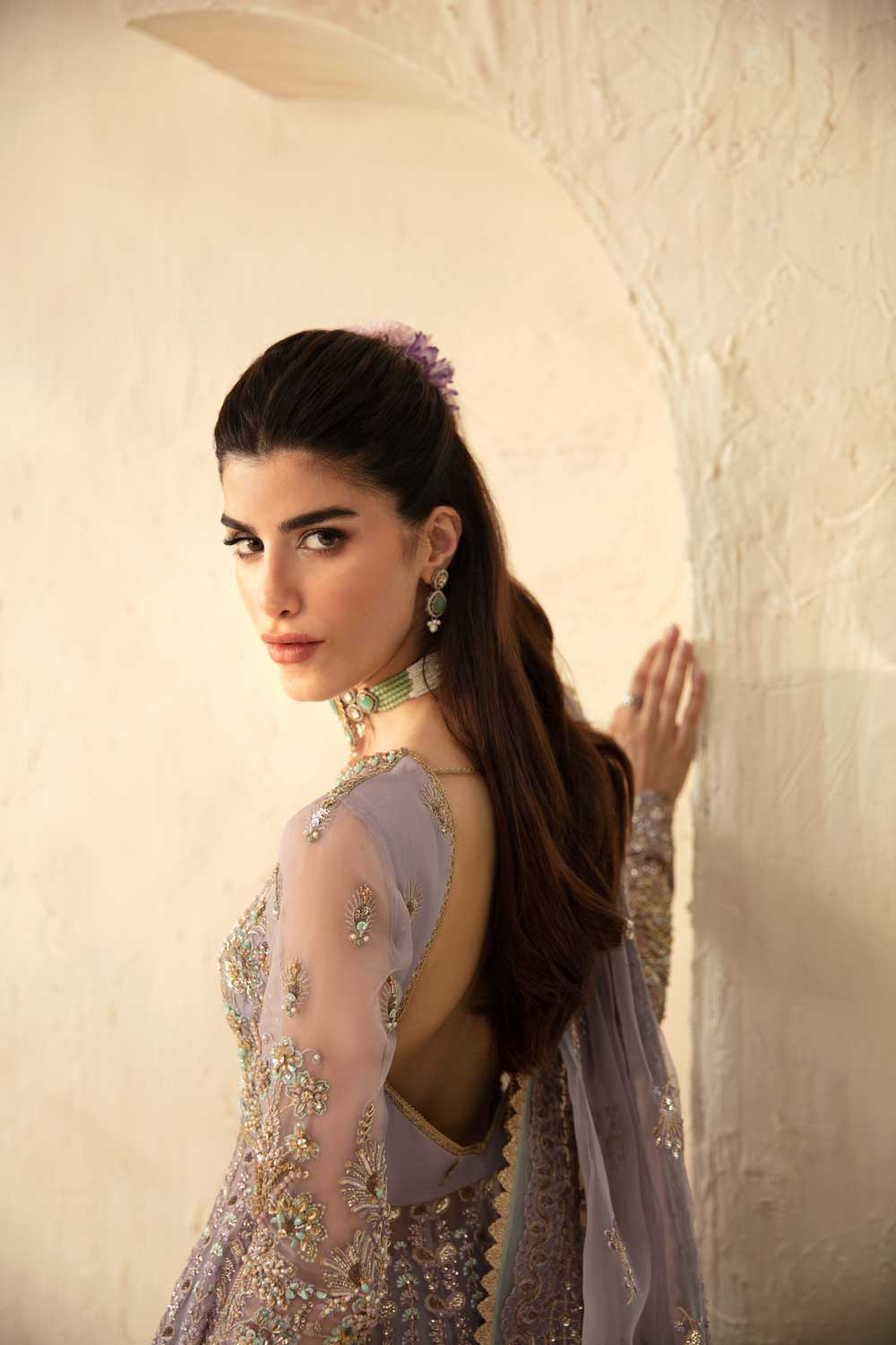 Pakistani Lavender Hand-Embellished Organza Anarkali Dress (2-Piece) - Image 11