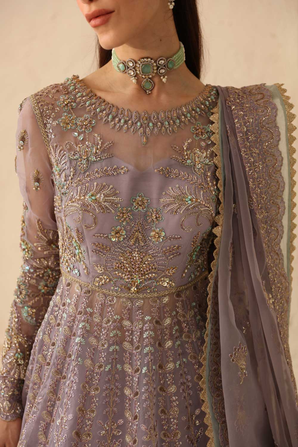 Pakistani Lavender Hand-Embellished Organza Anarkali Dress (2-Piece) - Image 2