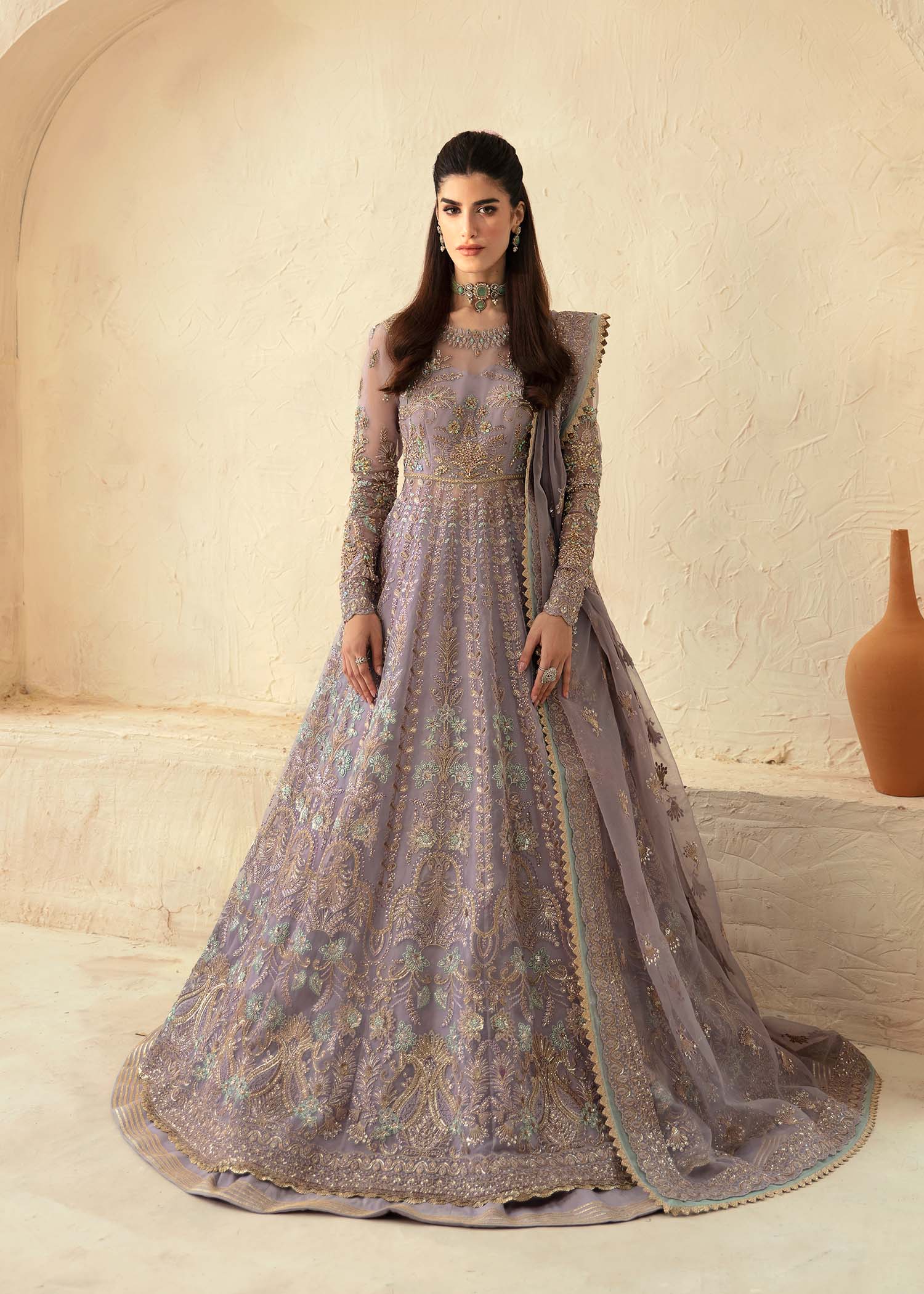 Pakistani Lavender Hand-Embellished Organza Anarkali Dress (2-Piece) - Image 3