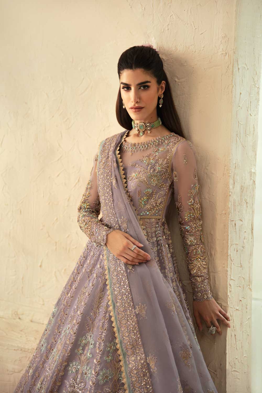 Pakistani Lavender Hand-Embellished Organza Anarkali Dress (2-Piece) - Image 4