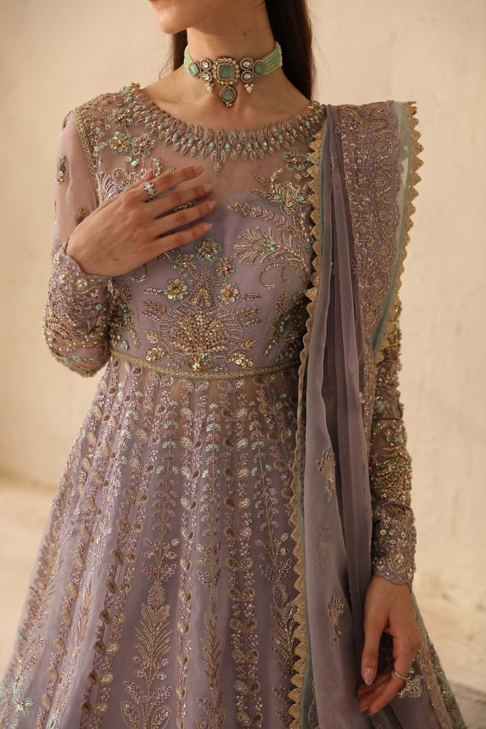 Pakistani Lavender Hand-Embellished Organza Anarkali Dress (2-Piece) - Image 5