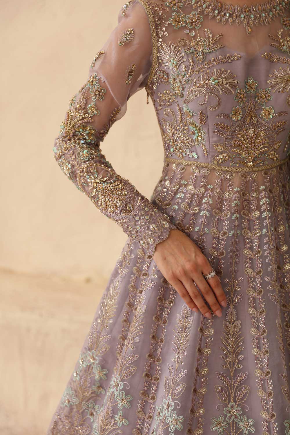 Pakistani Lavender Hand-Embellished Organza Anarkali Dress (2-Piece) - Image 7
