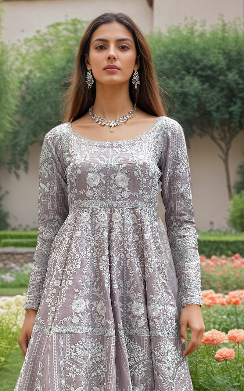 Lavender Embroidered Shesha Silk Anarkali Dress (1-Pc) - Image 2