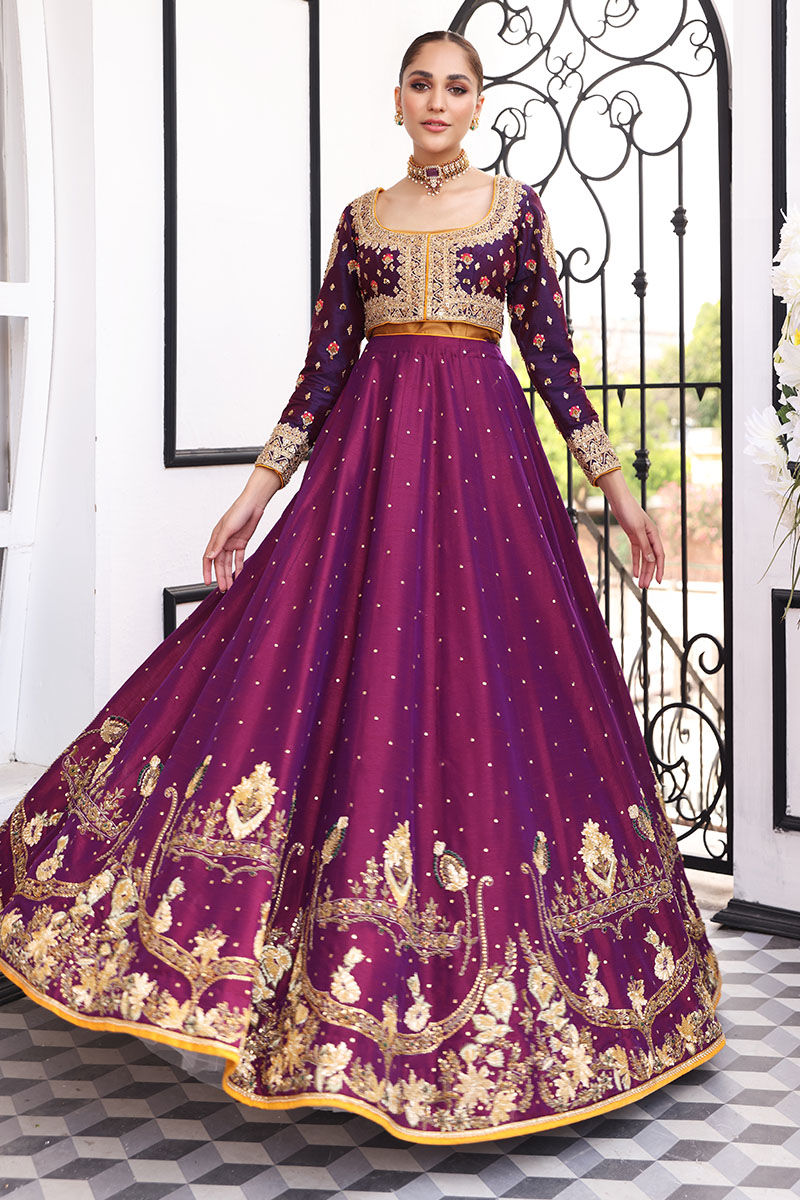 Plum Purple Embroidered Silk-Blend Anarkali Dress (1-Pc) - Image 1