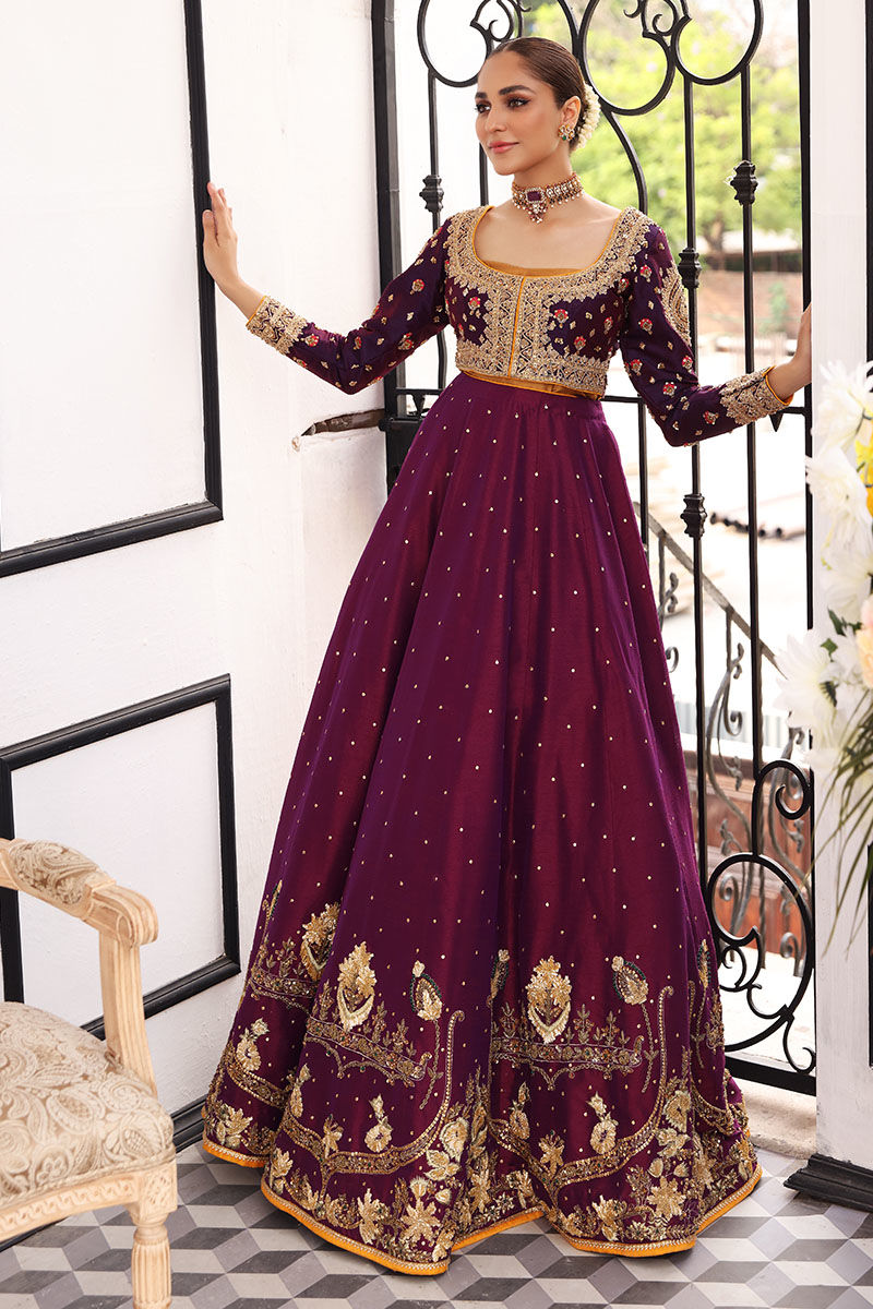 Plum Purple Embroidered Silk-Blend Anarkali Dress (1-Pc) - Image 2