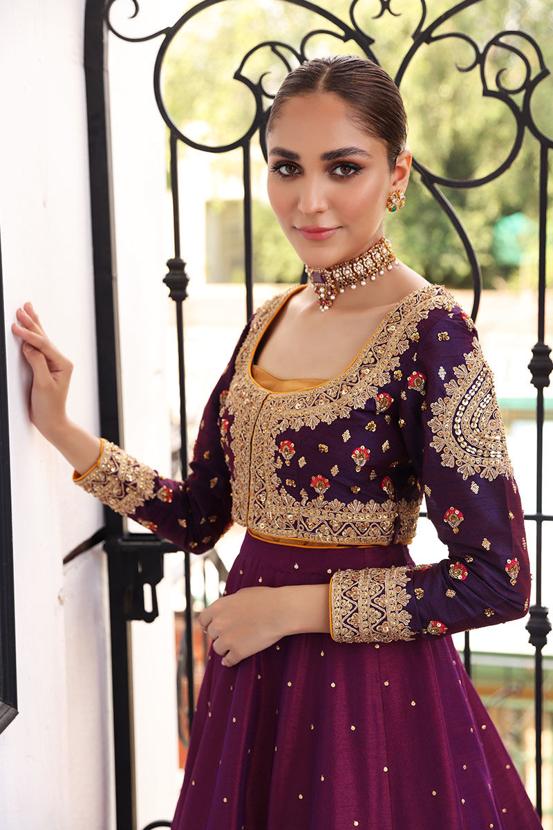Plum Purple Embroidered Silk-Blend Anarkali Dress (1-Pc) - Image 3