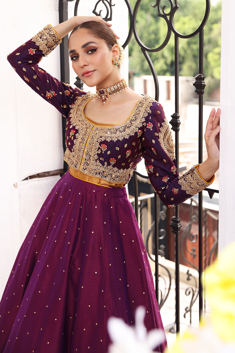 Plum Purple Embroidered Silk-Blend Anarkali Dress (1-Pc) - Image 4