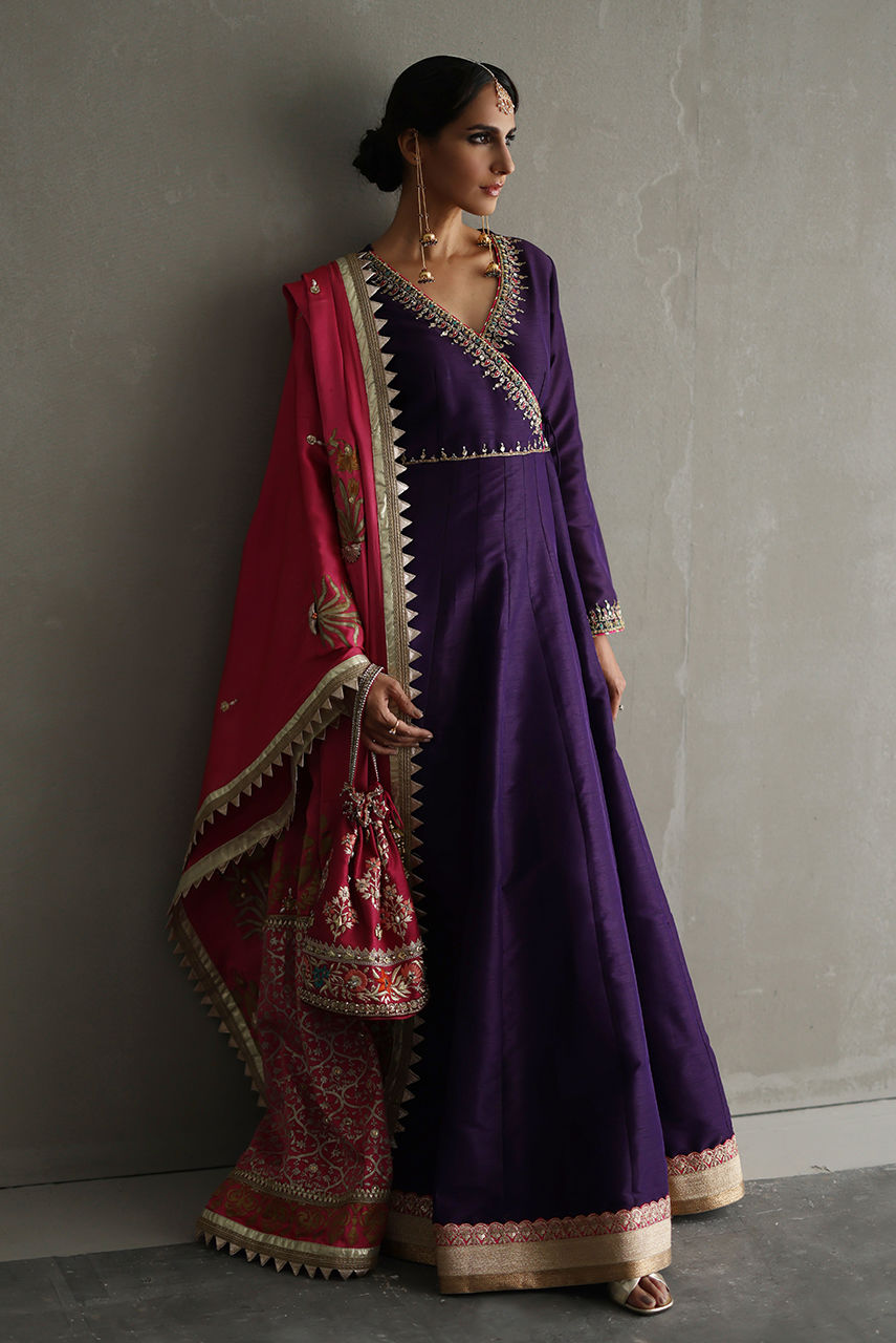 Deep Purple Zardozi Khaadi Silk Angarkha Kalidar (3-Piece) - Image 1