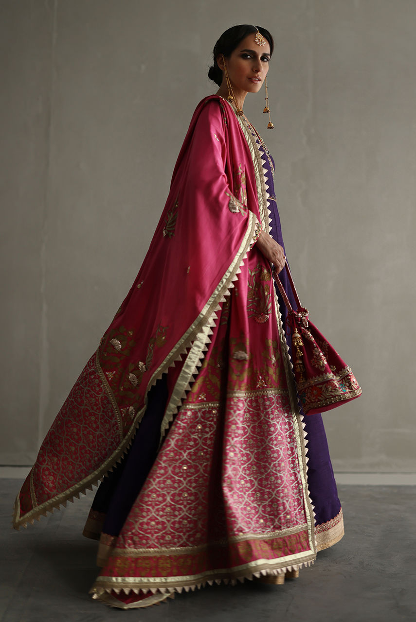 Deep Purple Zardozi Khaadi Silk Angarkha Kalidar (3-Piece) - Image 3