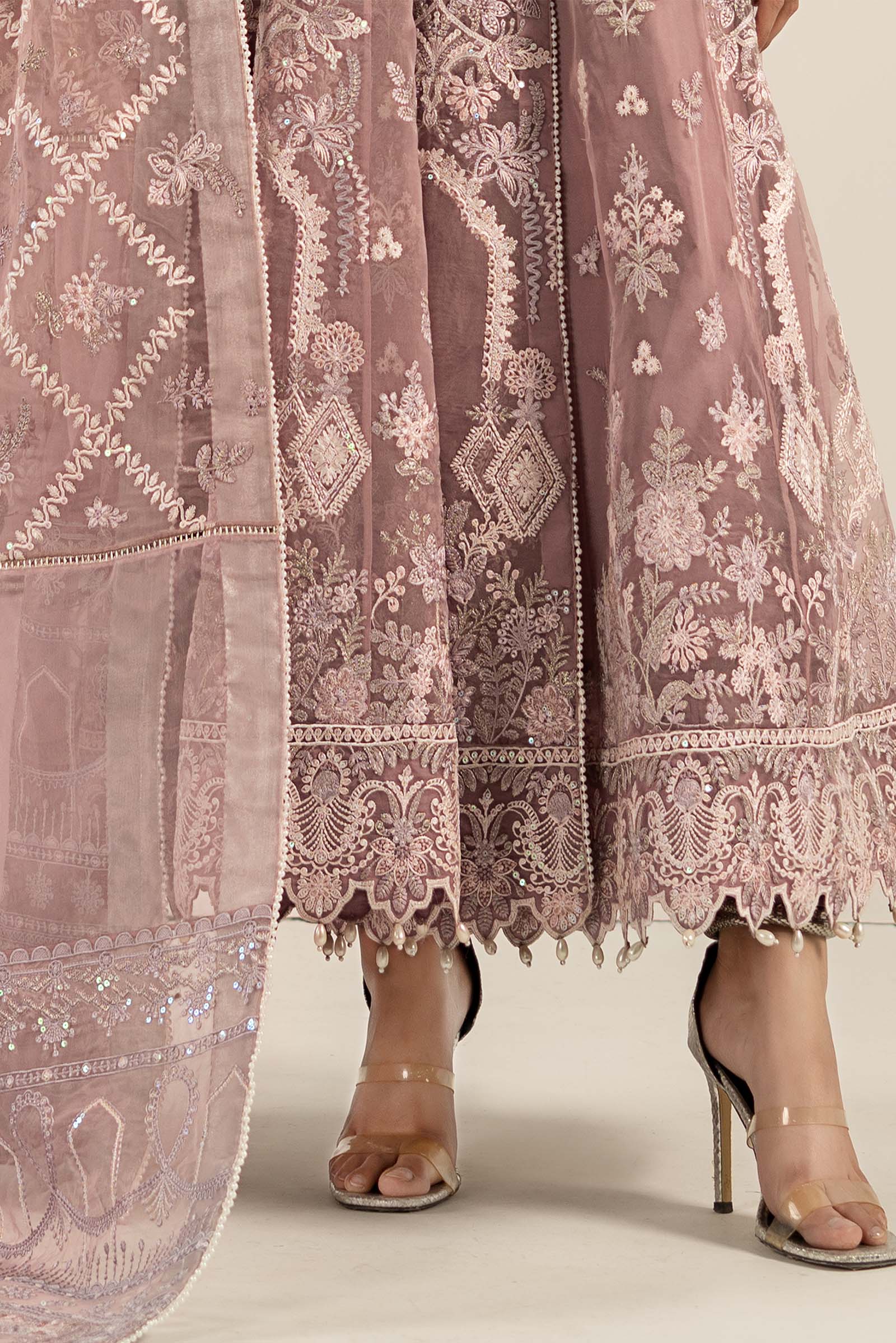 Lilac Embroidered Organza Angrakha Dress (3-Piece) - Image 12