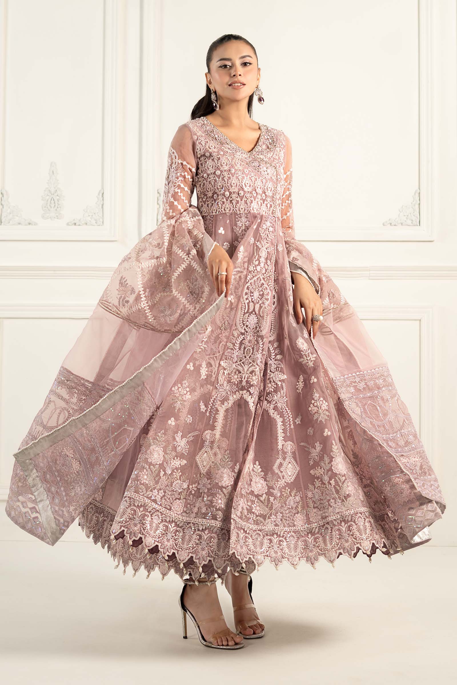 Lilac Embroidered Organza Angrakha Dress (3-Piece) - Image 13