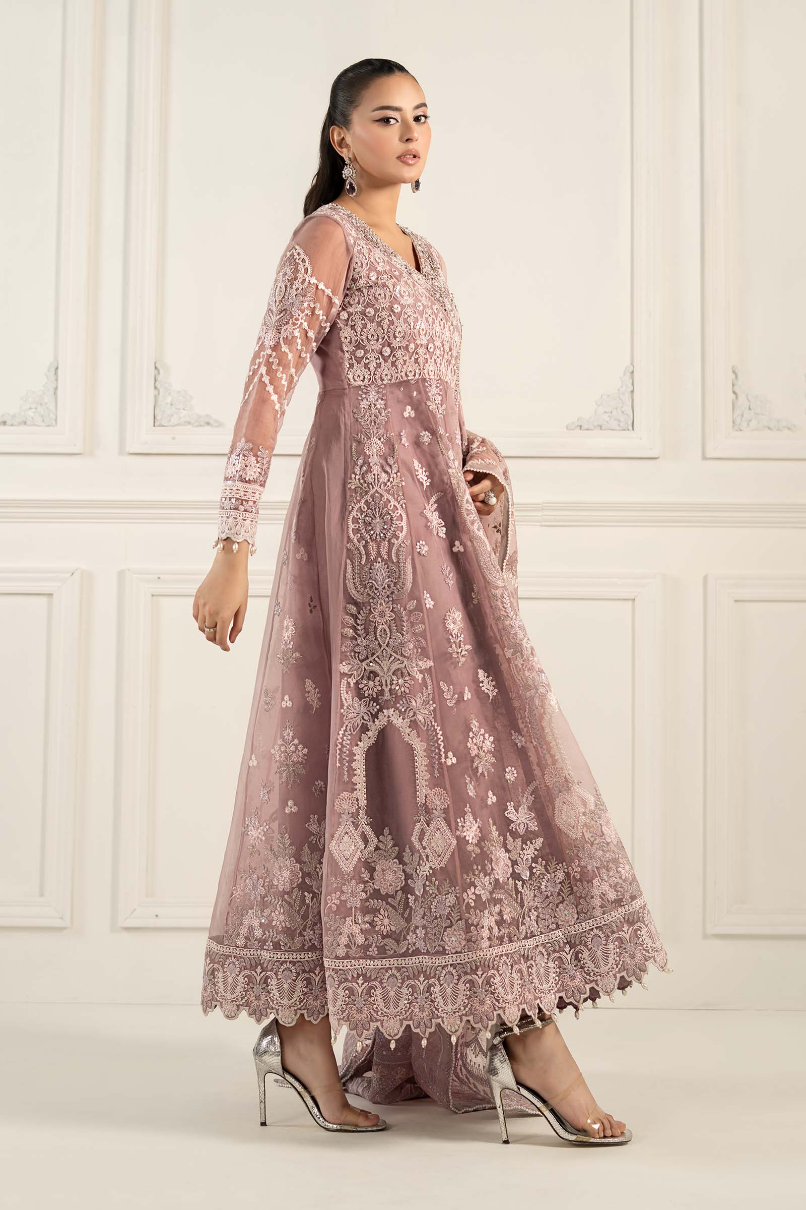 Lilac Embroidered Organza Angrakha Dress (3-Piece) - Image 14
