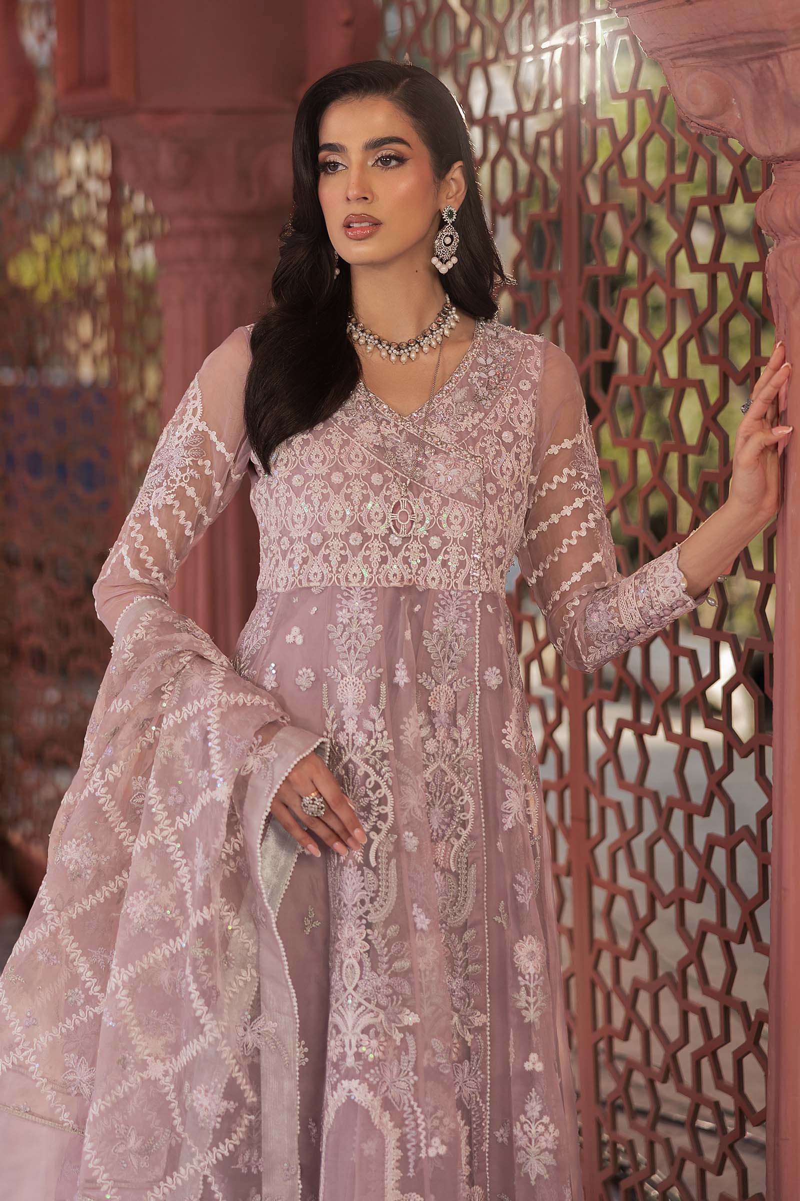 Lilac Embroidered Organza Angrakha Dress (3-Piece) - Image 3
