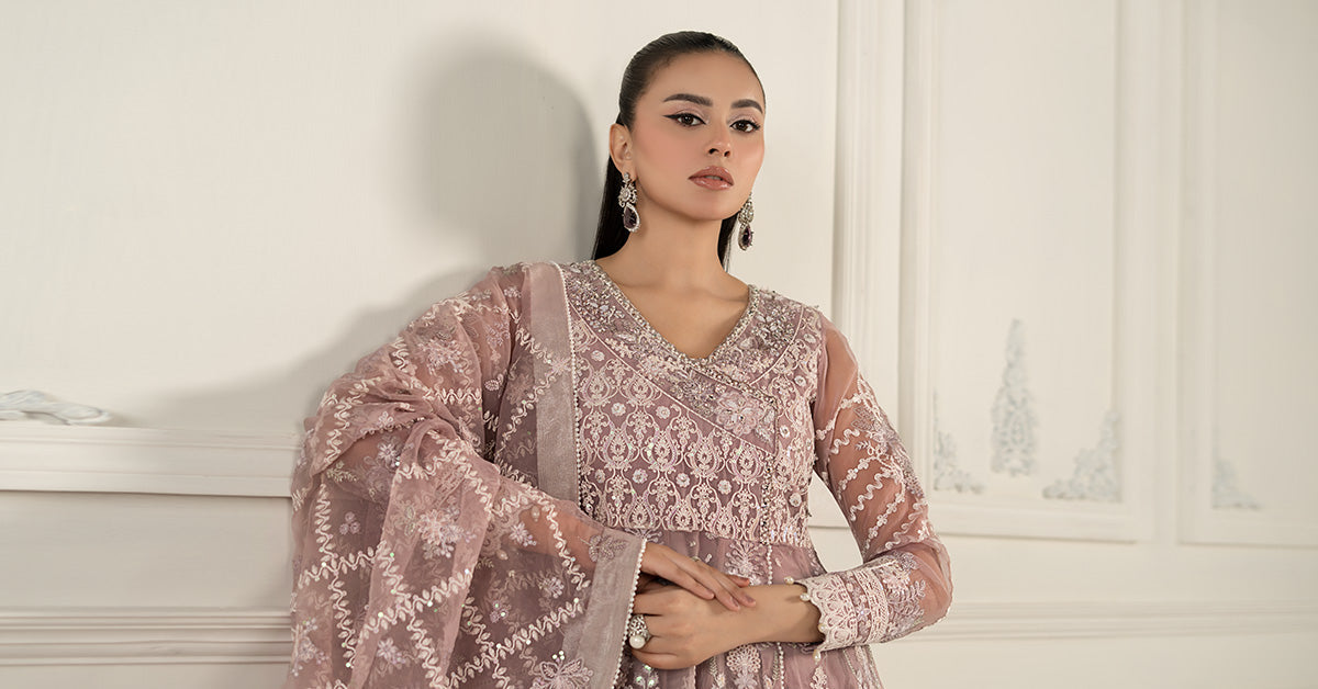 Lilac Embroidered Organza Angrakha Dress (3-Piece) - Image 4