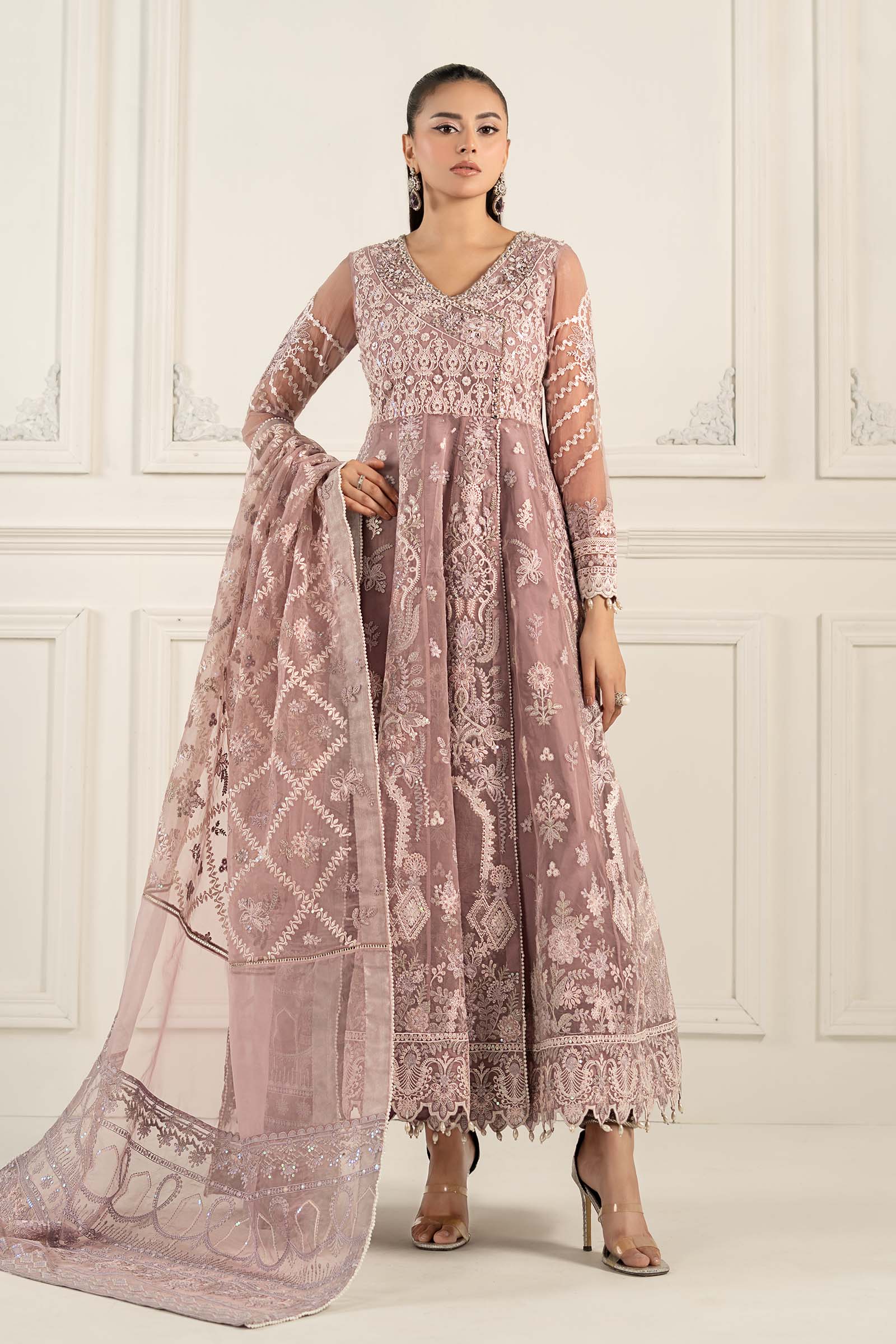 Lilac Embroidered Organza Angrakha Dress (3-Piece) - Image 9