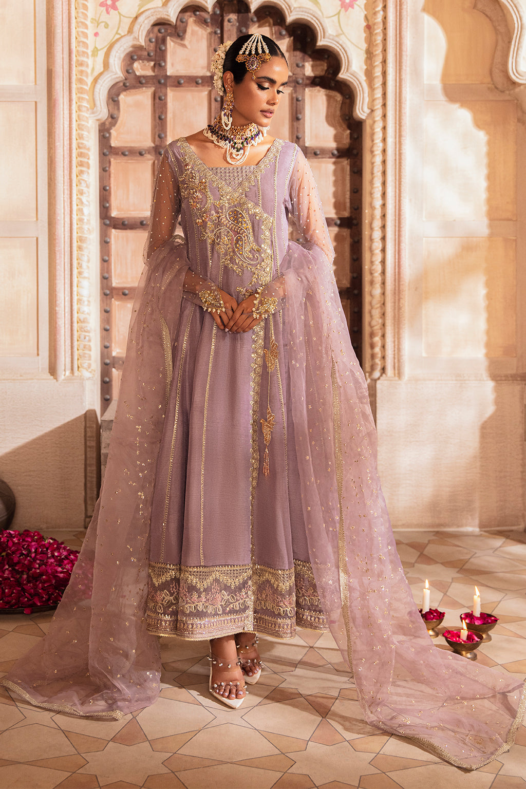 Pakistani Lavender Embroidered Korean Raw Silk Angrakha (3-Piece) - Image 1