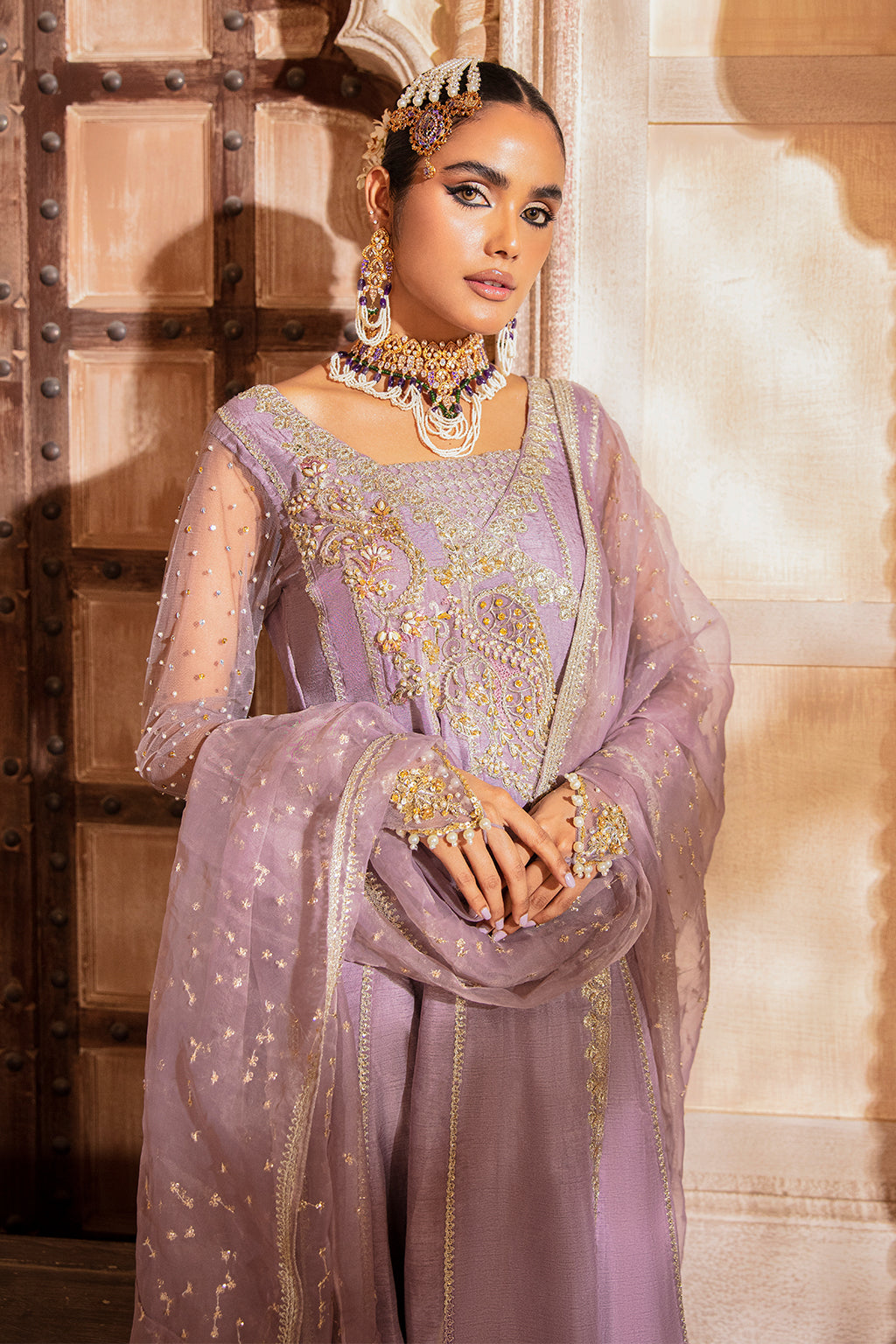 Pakistani Lavender Embroidered Korean Raw Silk Angrakha (3-Piece) - Image 5