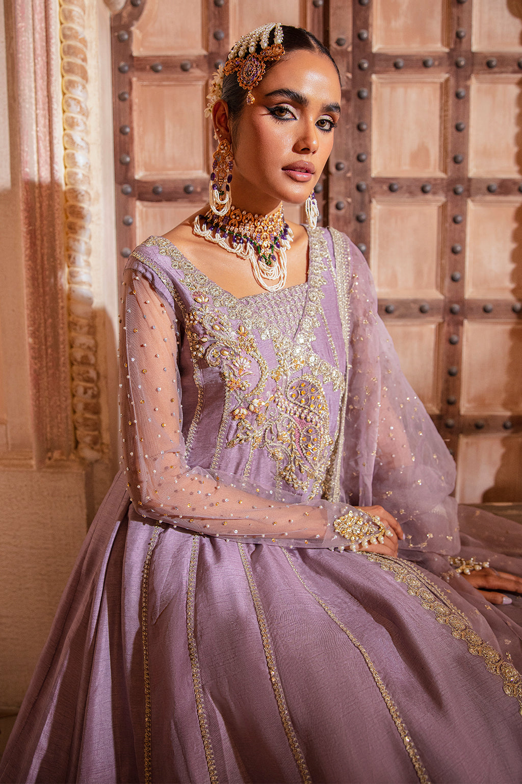 Pakistani Lavender Embroidered Korean Raw Silk Angrakha (3-Piece) - Image 6