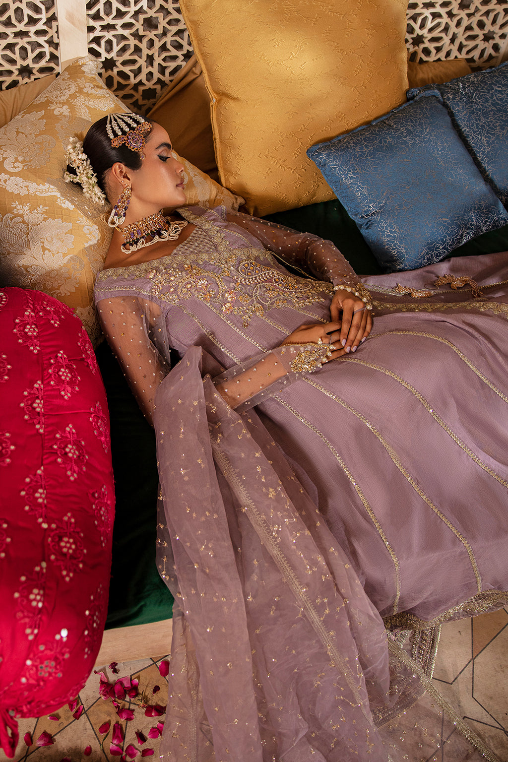 Pakistani Lavender Embroidered Korean Raw Silk Angrakha (3-Piece) - Image 7