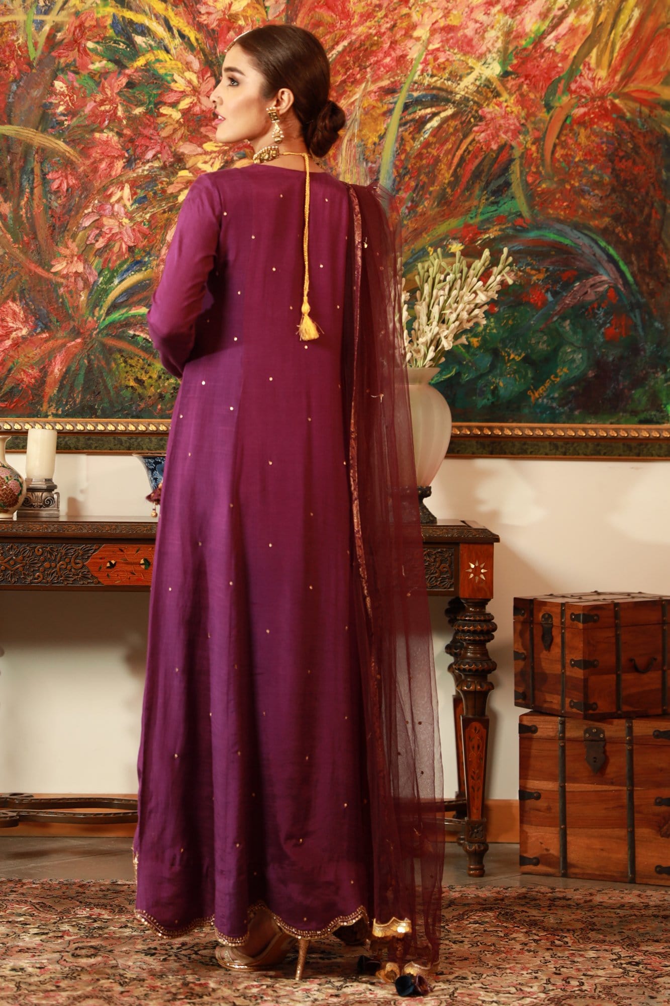 Deep Purple Embroidered Raw Silk Angrakha (3-Piece) - Image 1